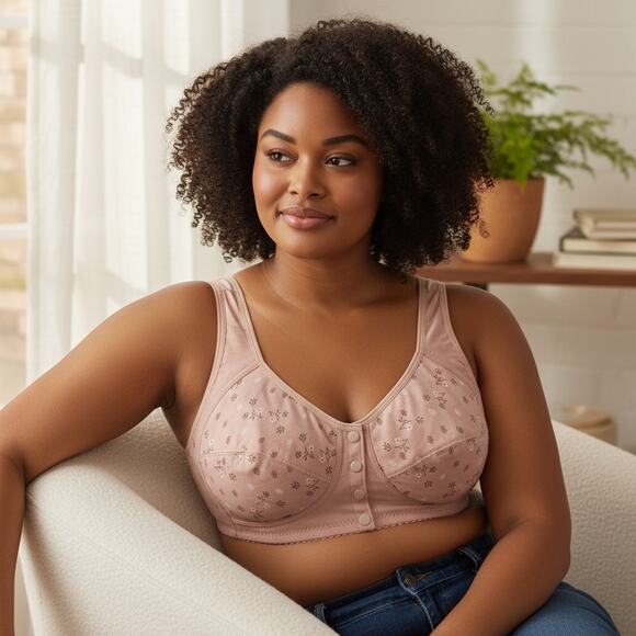 Bra 38B/40B NWT (Tag 46/105) Peach Sand Floral Easy Front-Closure Snaps Wireless - Picture 5 of 6